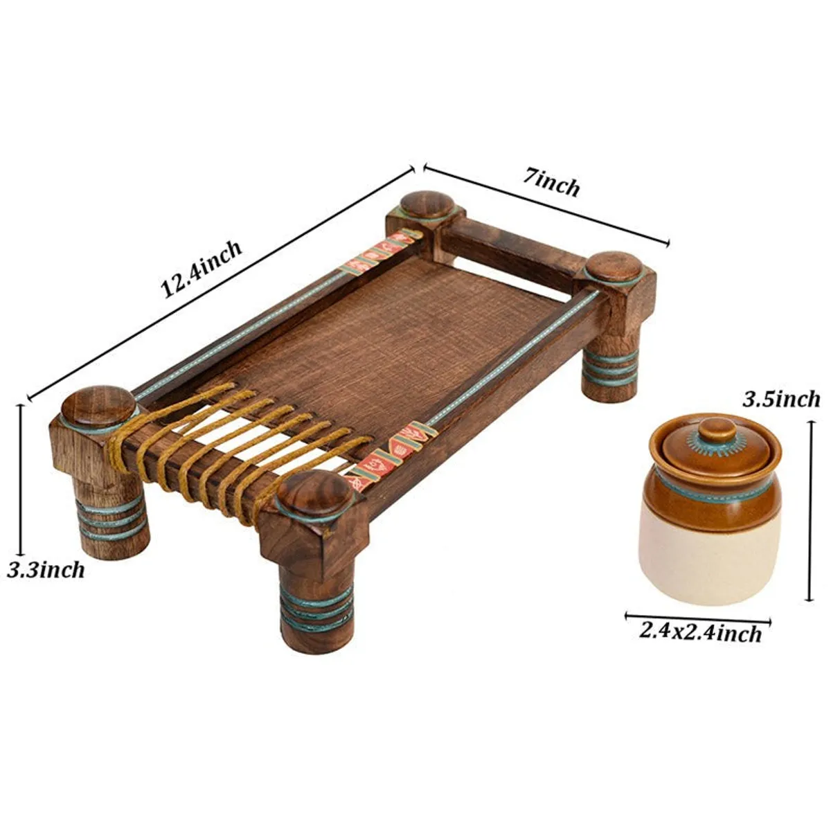 Brown wooden tray and ceramic jar shown with visible product dimensions