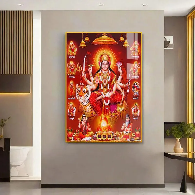 Shri Maa Durga Spiritual Canvas Wall Art With Frame - Gold media 1