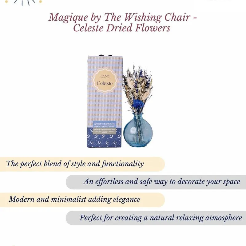 Promotional image of Celeste dried flowers with vase and text