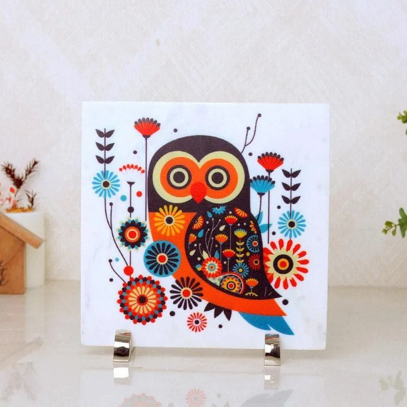 Vibrant Night Owl Printed Marble Showpiece media 1