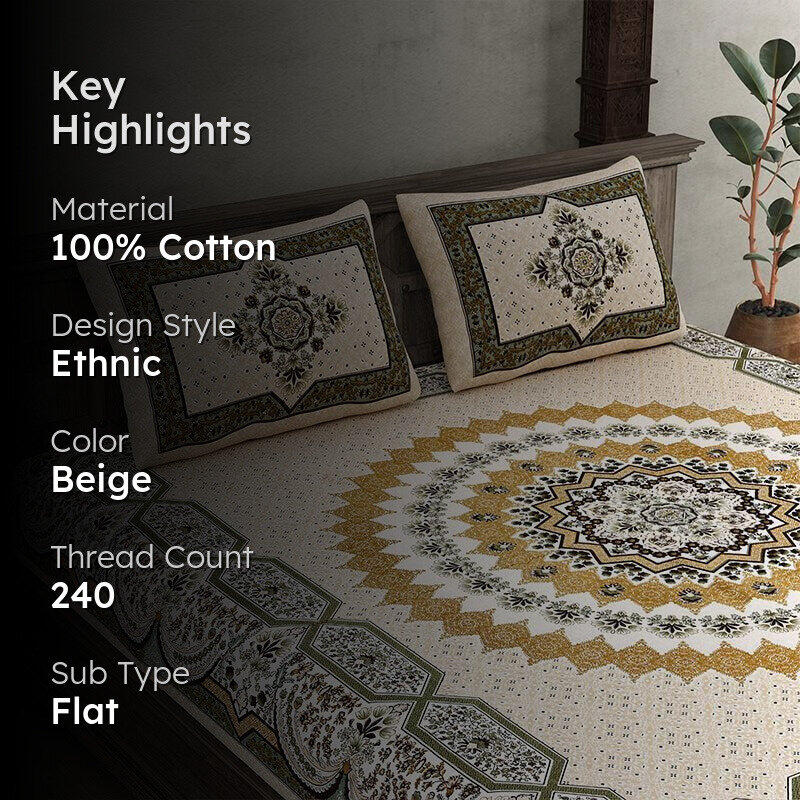 Chaital Ethnic Cotton Bedsheet (Beige) - 240 TC media 2