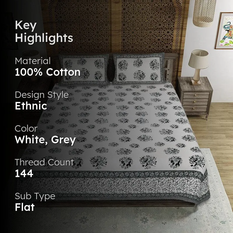 Bhuja Floral Cotton Bedsheet (Grey) - 144 TC media 2