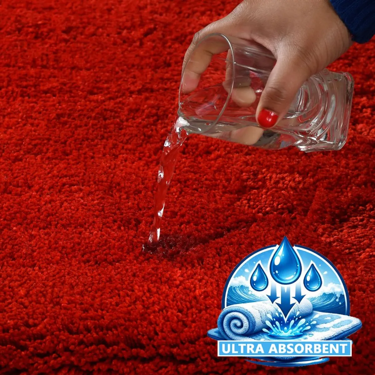 Water being poured onto a red textured bath mat