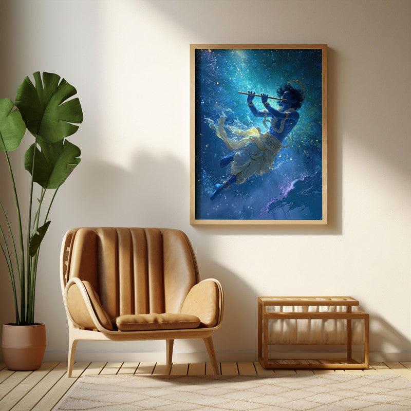 Lord Krishnas Cosmic Divine Dance II Archival Paper Wall Art - Natural Brown Frame