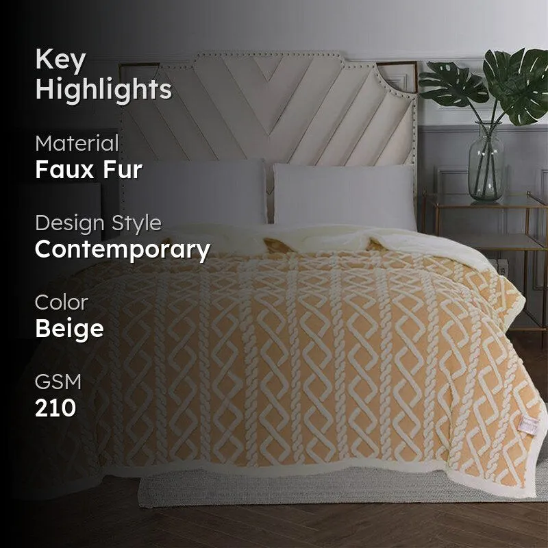 Oriella Geomatric Faux Fur Blanket (Beige) - 210 GSM media 2