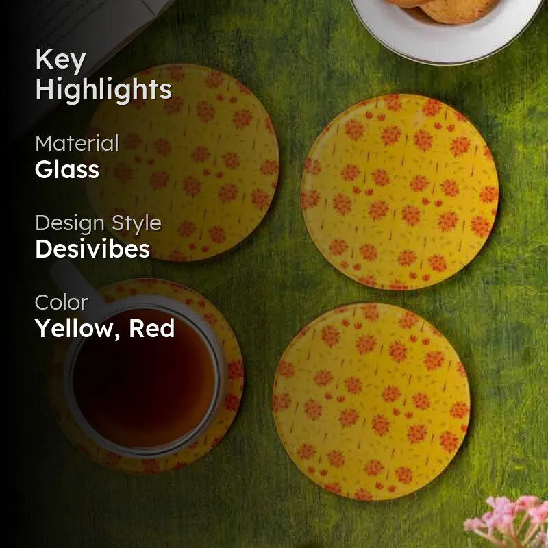 Magnate Mughal Yellow Round Classic Coaster - Set Of Four media 2