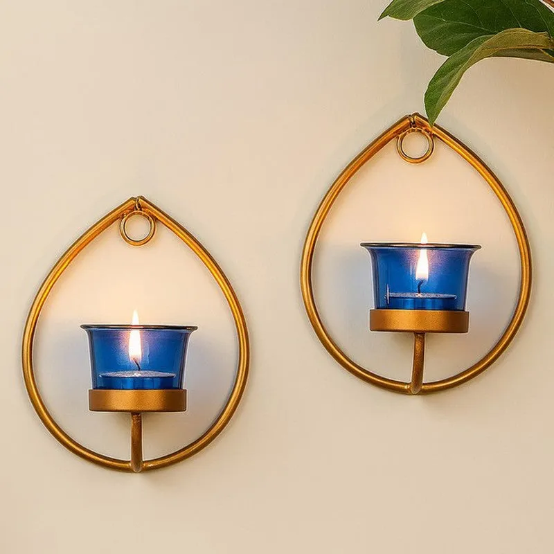 Gold Drip Sconce Candle Holder (Blue) - Set Of Two media 1