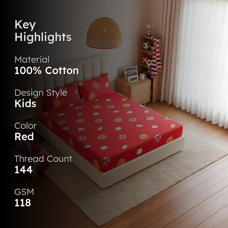 Baseball Dreams Kids Neon Print Cotton Bedsheet (Red) - 144 TC media 2