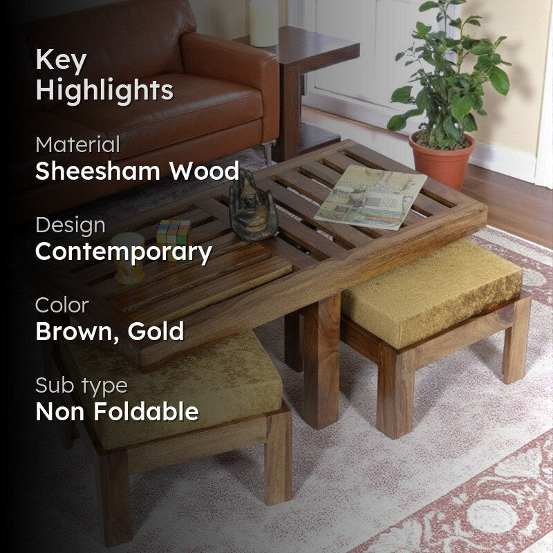 Dravon Sheesham Wooden Center Table with Stools (Brown,Gold) - Five Piece Set media 2