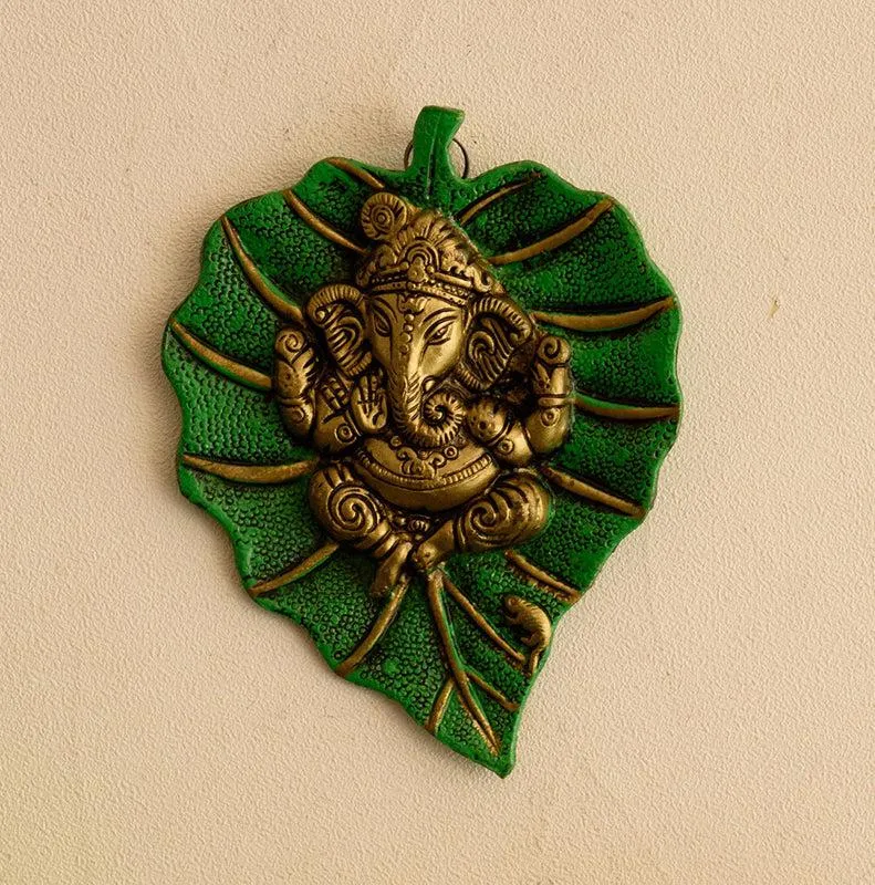 Ganapati On Green Leaf Religious Metal Wall Accent - Set of Two media 3