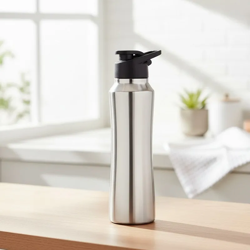 Silver steel bottle with black sipper cap on a countertop