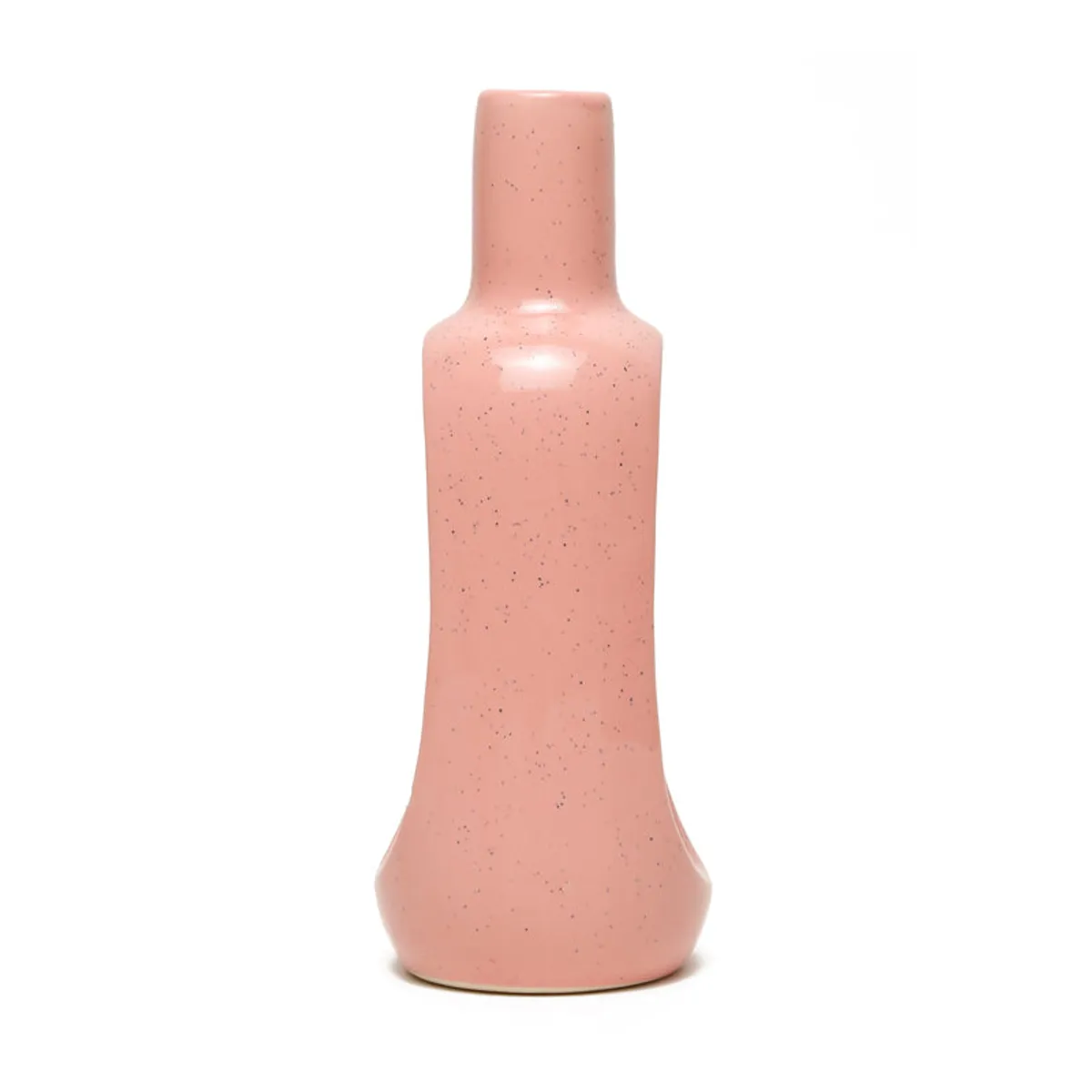 Back view of a pink speckled ceramic vase