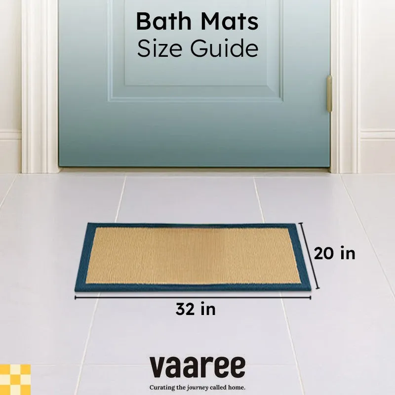 Bath mat size guide graphic showing a rectangular mat near a door