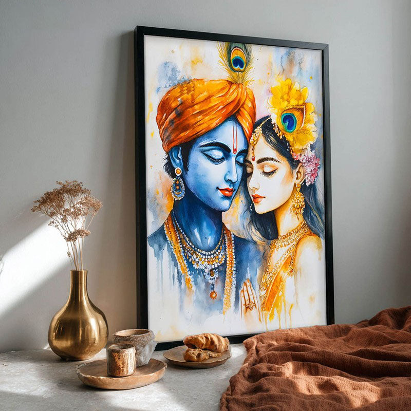 Radhe Krishna Archival Paper Wall Painting With Black Frame media 4