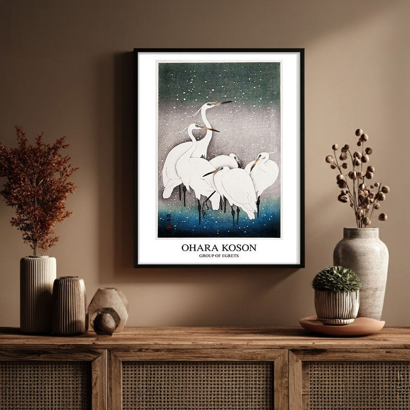Group of Egrets Ohara Koson Archival Canvas Wall Painting - Black Frame