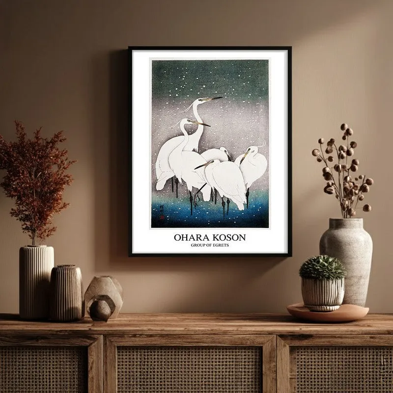 Group of Egrets Ohara Koson Archival Canvas Wall Painting - Black Frame media 1