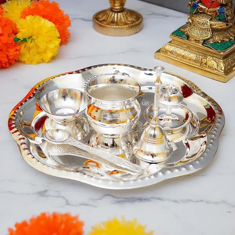 Shubh Pooja Floral Thaali - Silver media 1