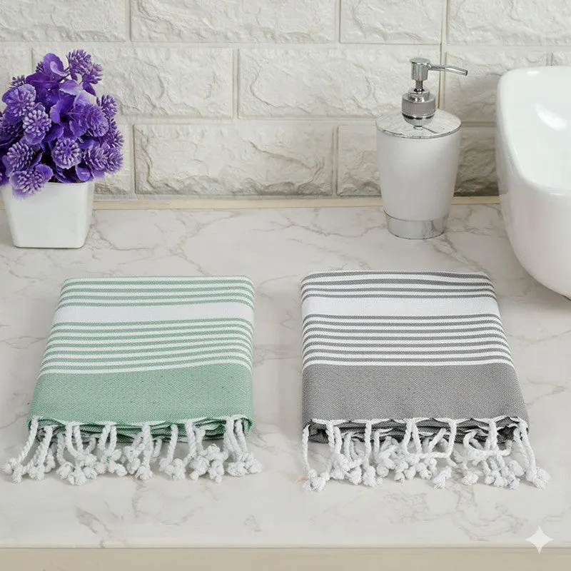 Loomera Striped Cotton Bath Towels (Grey & Green) - Set Of Two media 1
