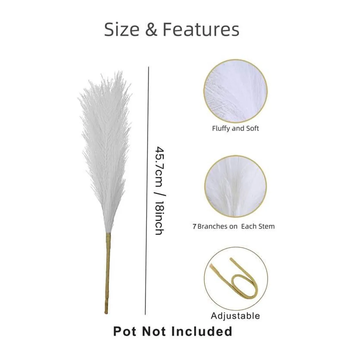 Single white faux pampas stem shown with size graphic on a plain background