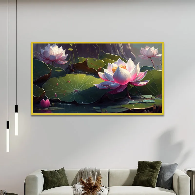 Chiaroscuro Lotus Floral Canvas Wall Painting With Frame - Gold media 6