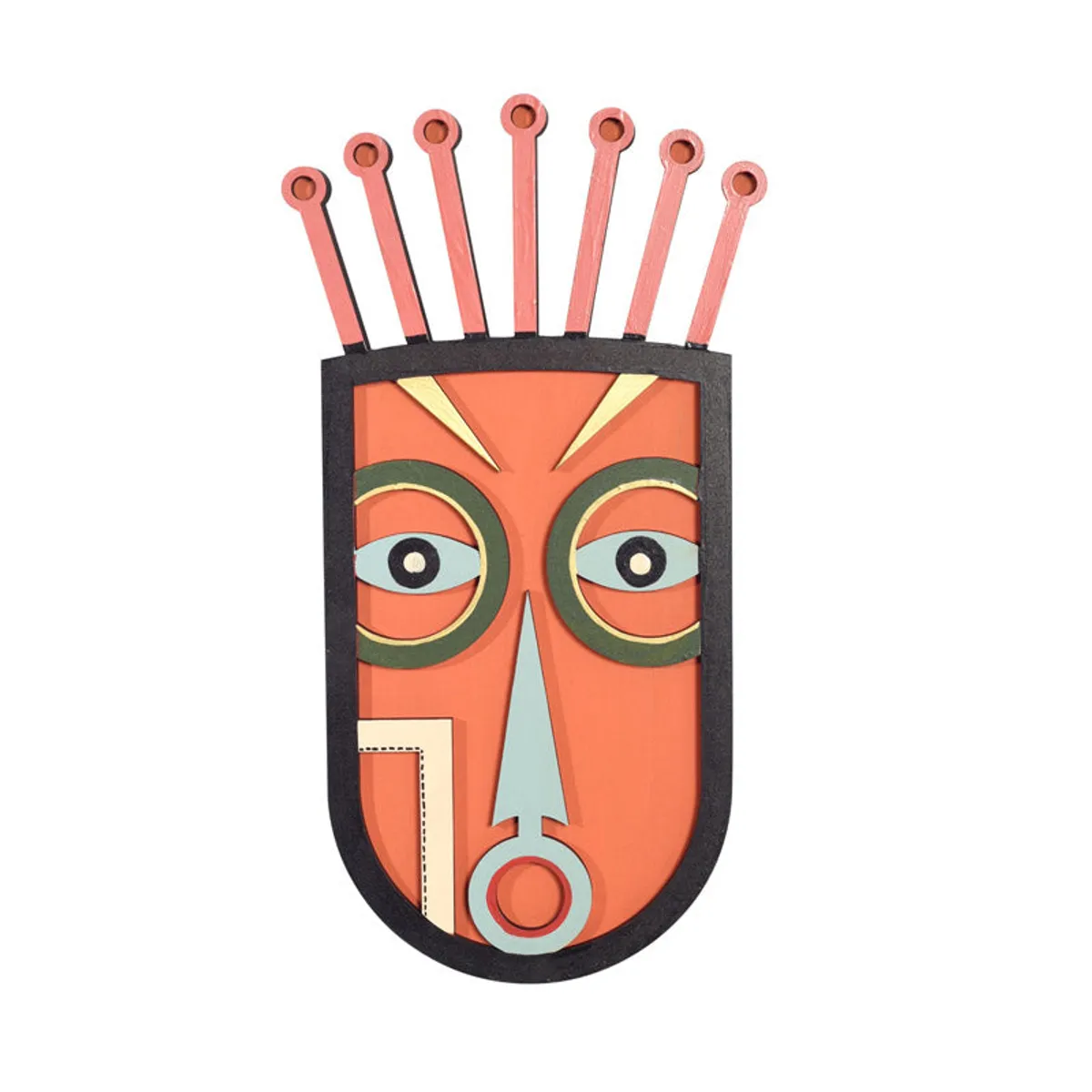 Front view of a multicolour wooden wall mask on a white background.