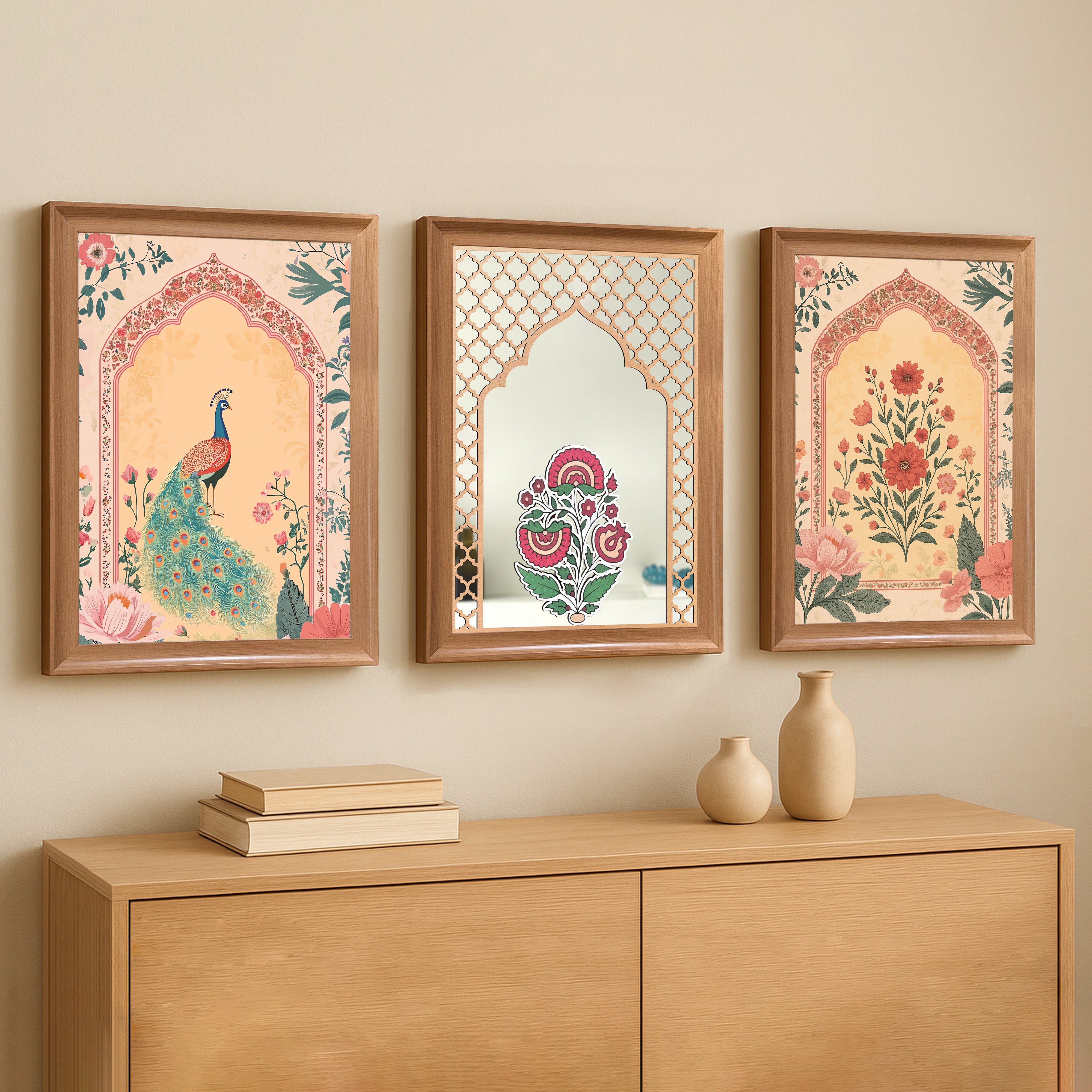 Indo (Ethnic Floral Jharoka Wall Mirror Painting) - Set Of Three media 4