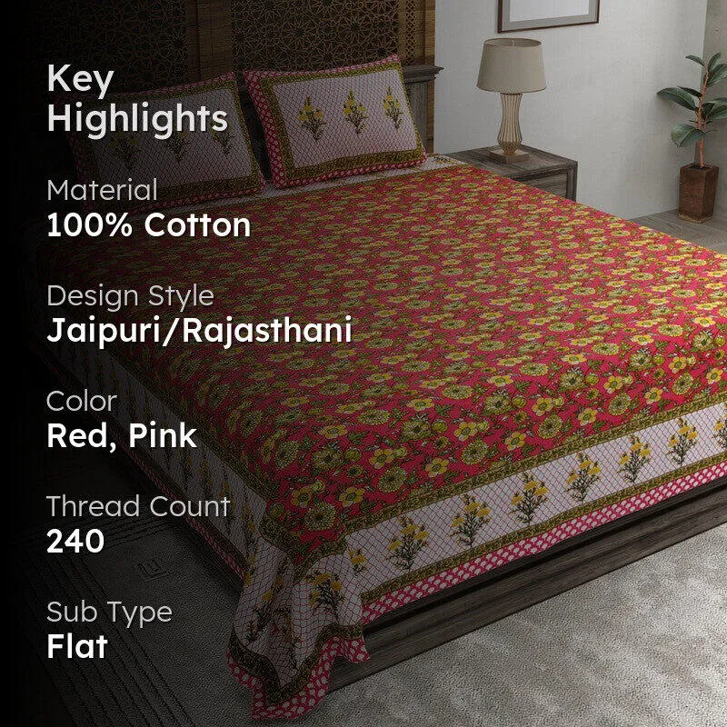 Bloomus Cotton Bedsheet (Red,Pink) - 240 TC media 2