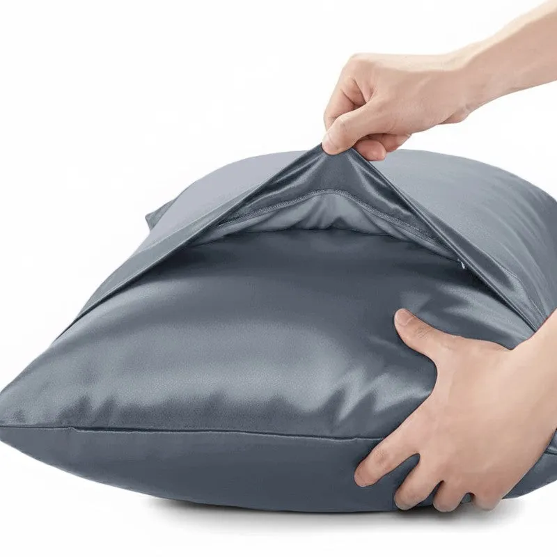 SilkenAura Satin Pillow Cover with a Scrunchy (Grey) - Set Of Two media 4