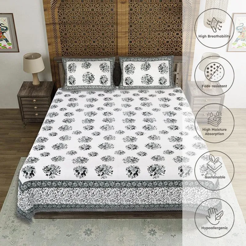 Bhuja Floral Cotton Bedsheet (Grey) - 144 TC media 3