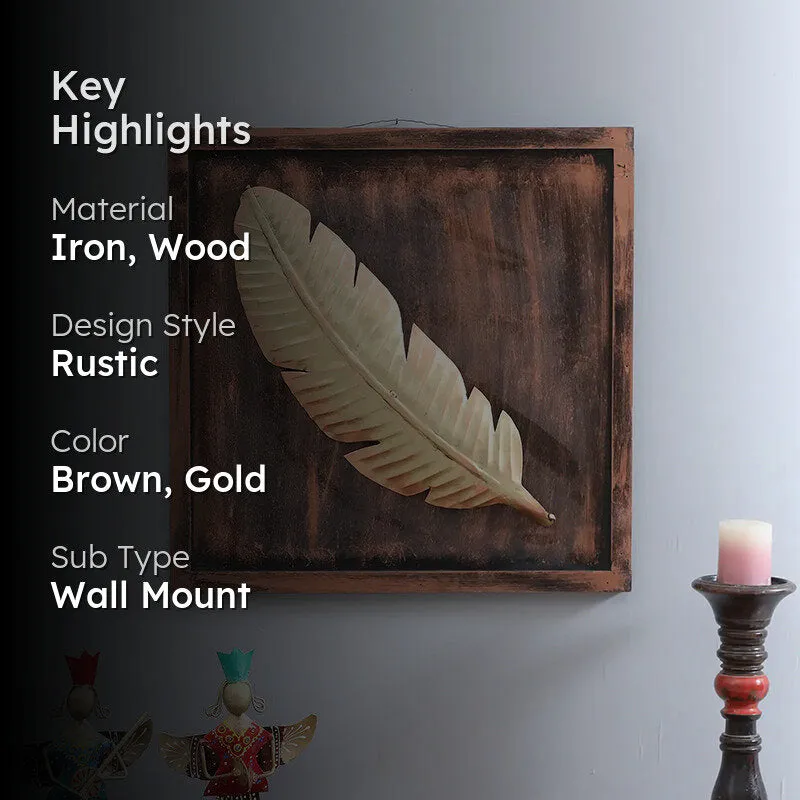 Solitary Feather Iron Wall Accent With Wooden Frame media 2