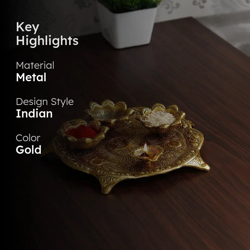 Gold pooja thali displayed on a wooden surface with highlight text overlay
