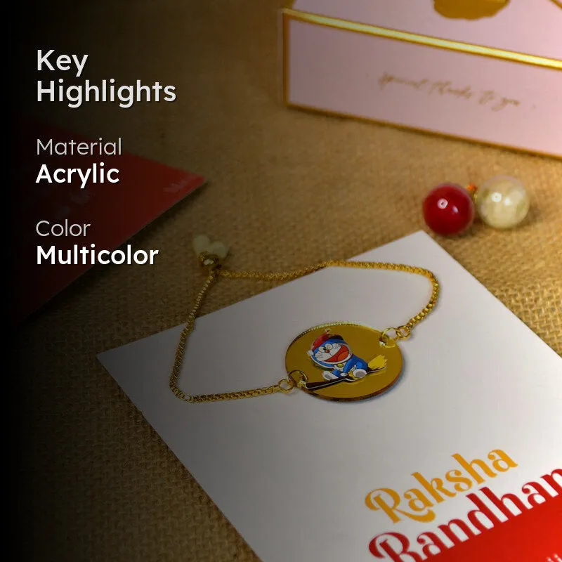Gold-tone rakhi with cartoon motif and highlight text overlay