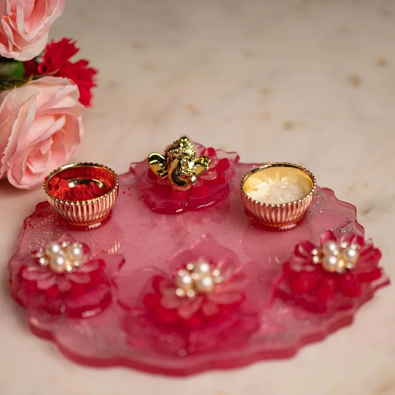 Pink Ganesha Floral Resin Pooja Thali media 1