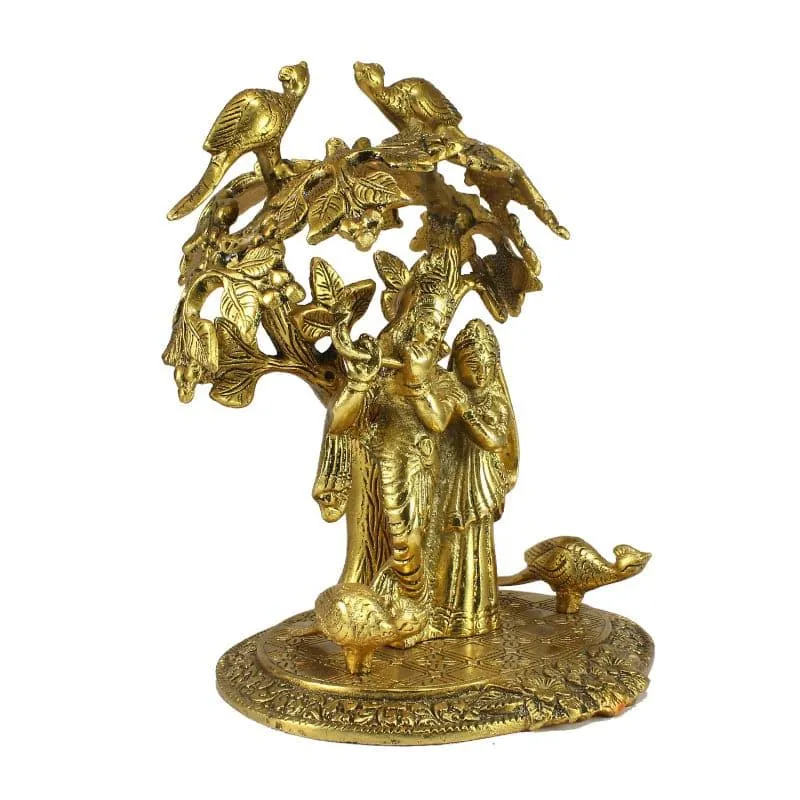 Radha Krishna Under Sacred Tree Metal Showpiece - Gold media 3