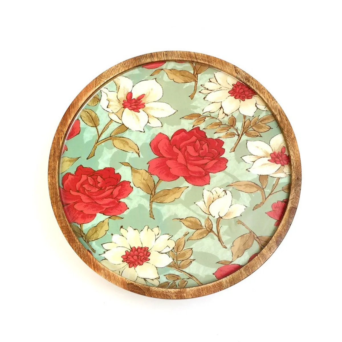 Top view of a round cake stand with a colourful floral design