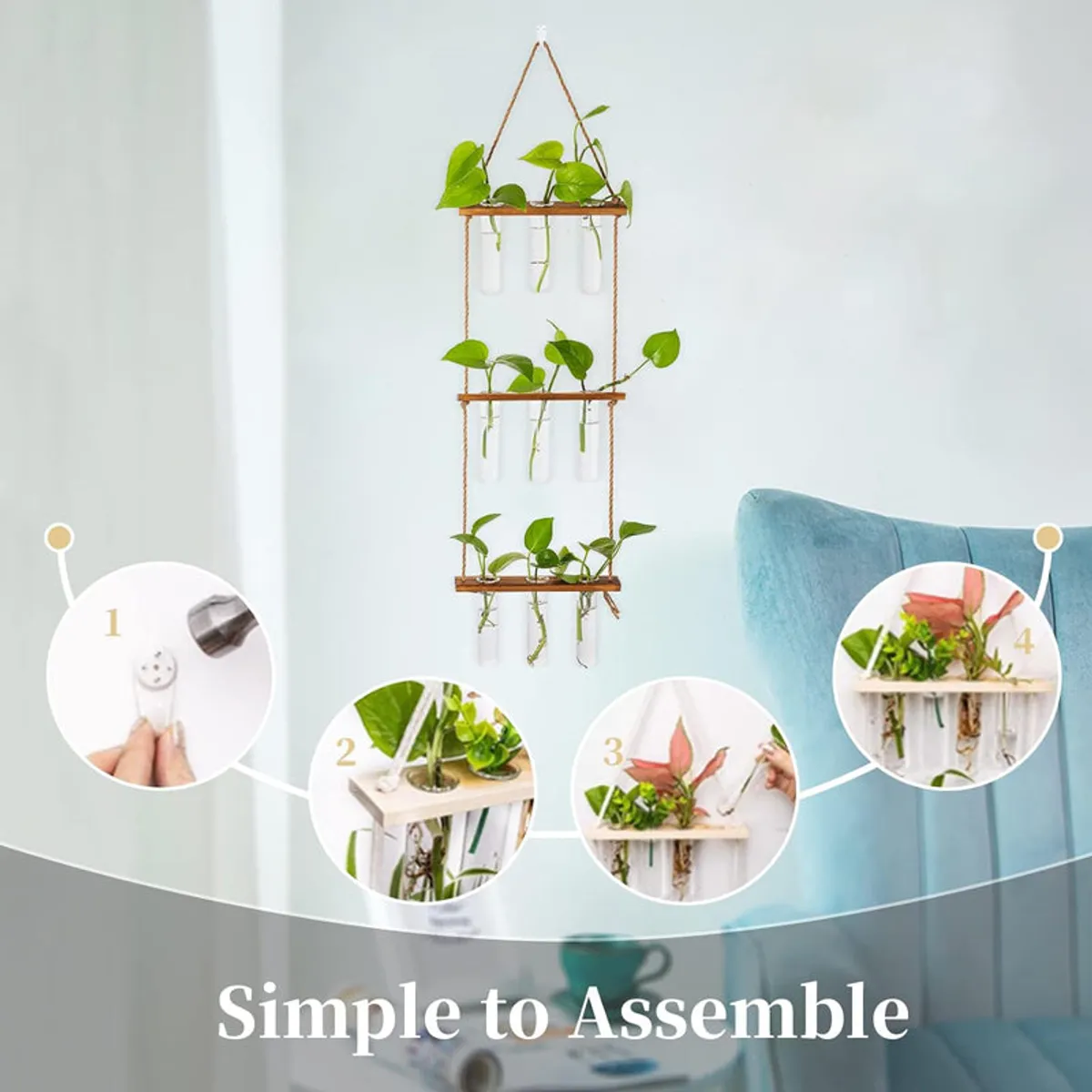 Hanging test tube planter displayed with green cuttings against a light wall