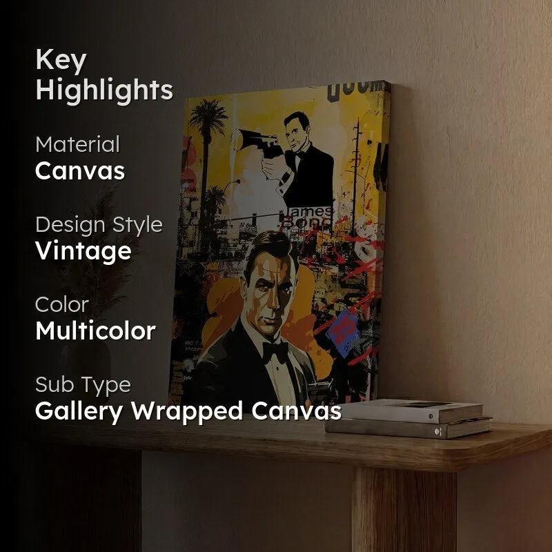 James Bond canvas painting displayed in a room with text overlay