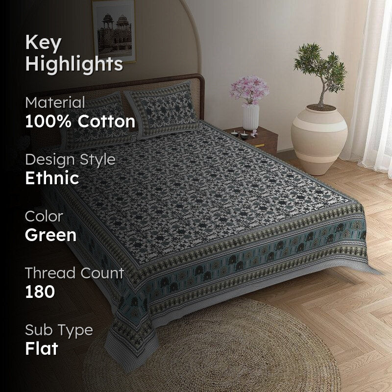 Dakini Ethnic Cotton Bedsheet (Green) - 180 TC media 2