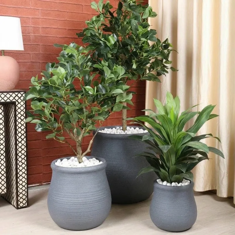 Three grey planters in different sizes arranged with indoor plants in a room