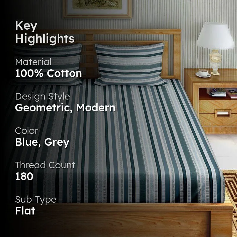 Stripey Paradise Cotton Bedsheet (Blue,Grey) - 180 TC media 2