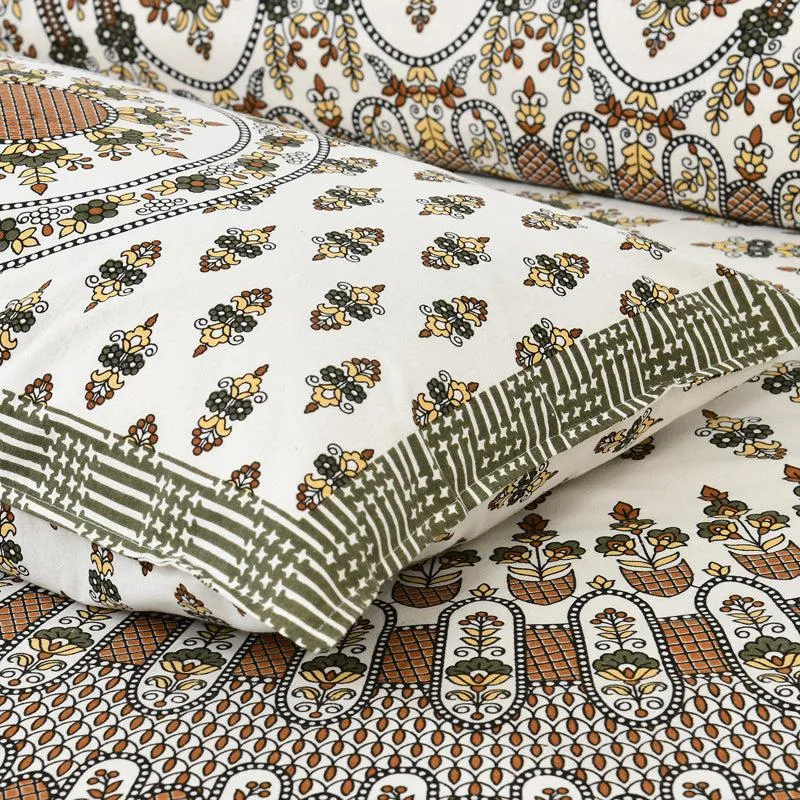 Navika Ethnic Cotton Flat Bedsheet (White & Olive) - 160 TC media 6