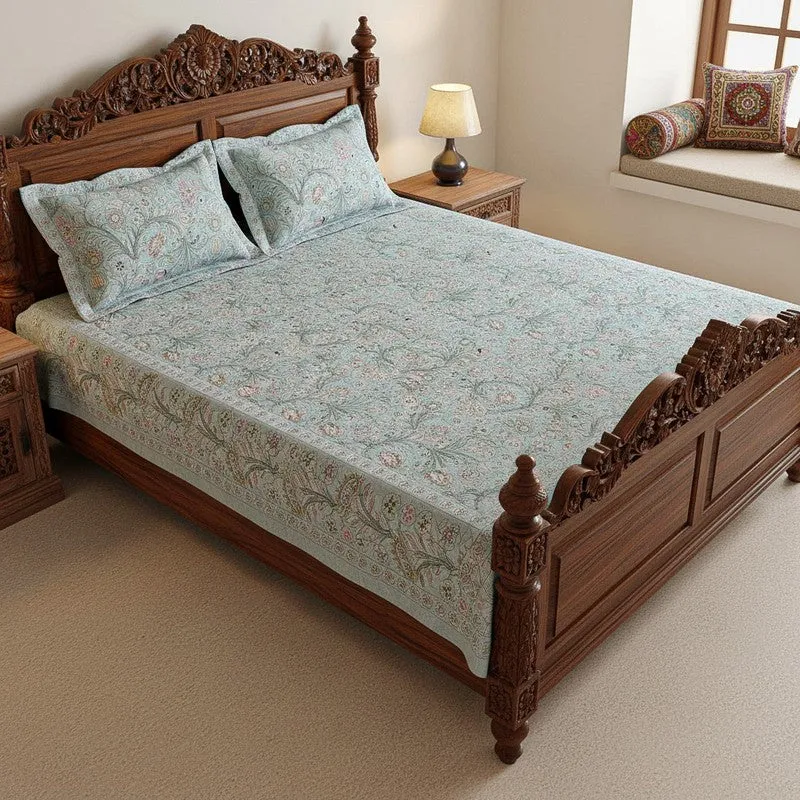 Samuna Floral Cotton Bedsheet (Light Blue) - 144 TC media 1
