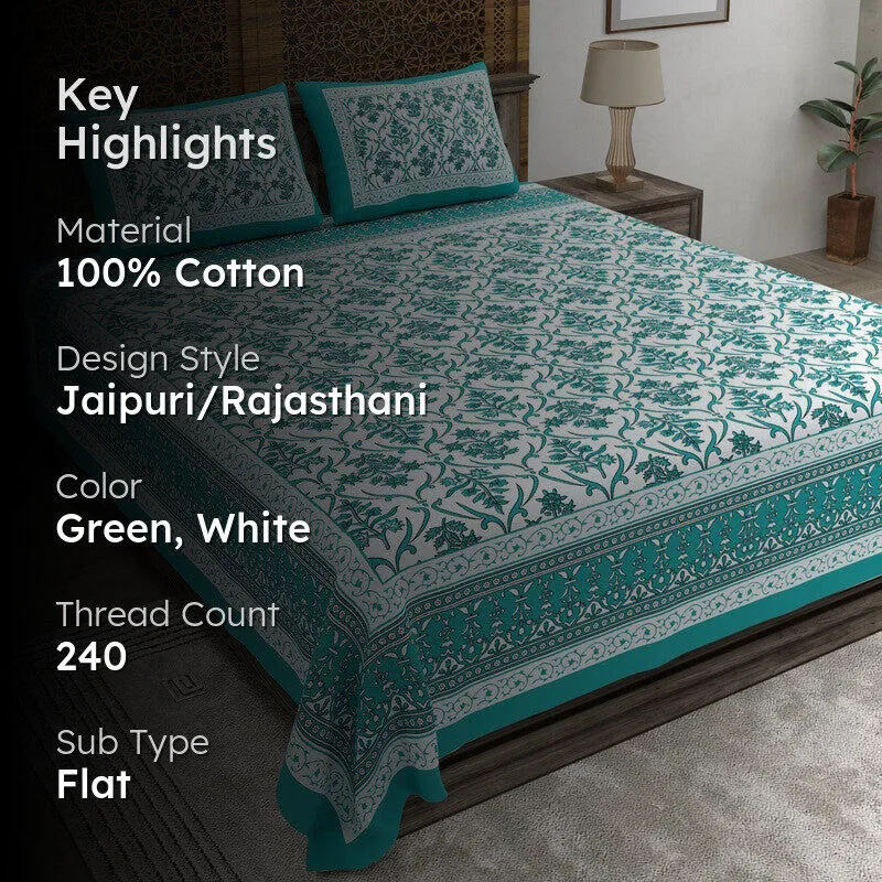 Artio Cotton Bedsheet (Green,White) - 240 TC media 2