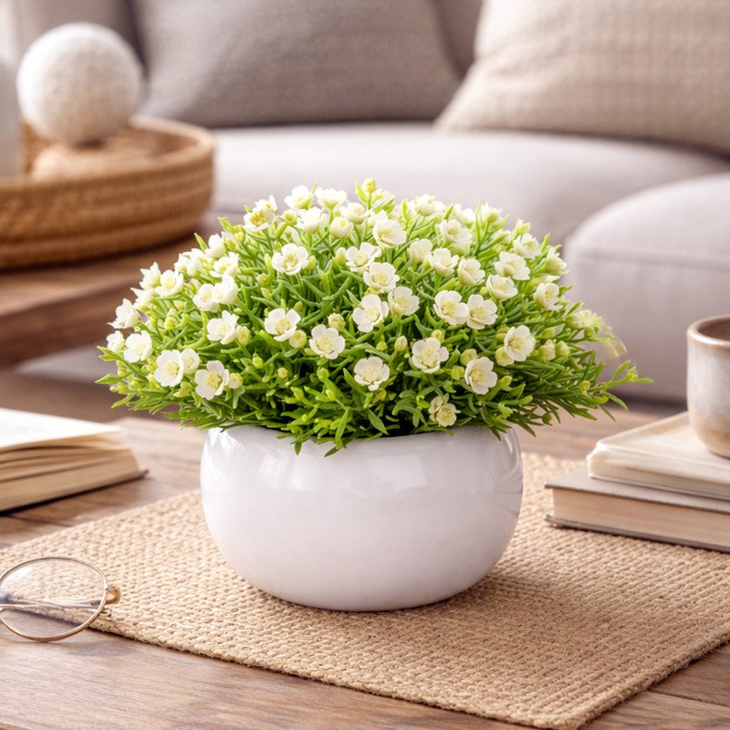 Velvique Artificial Rose Flower Plant With Pot (White) - 14CM