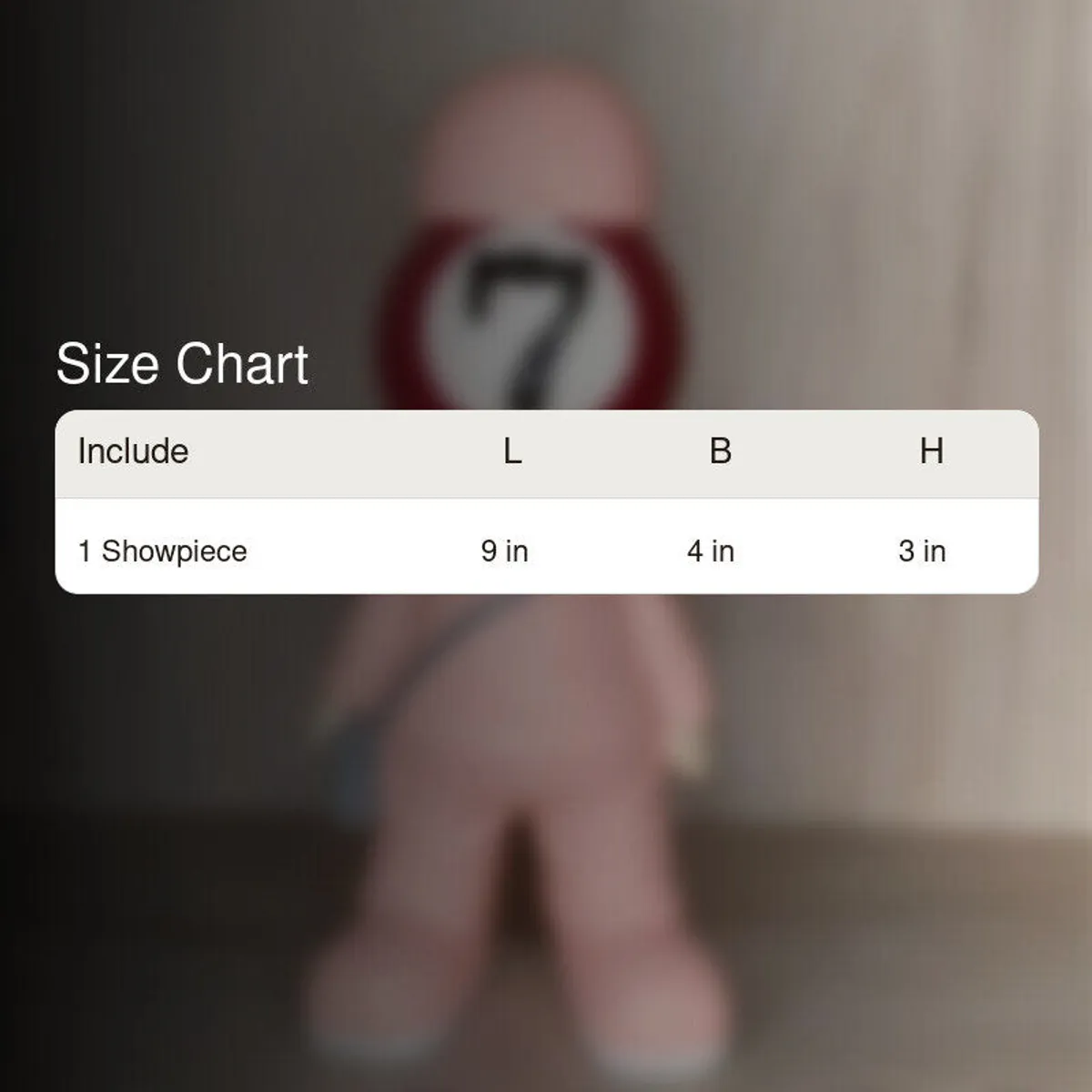 Blurred product image with a size chart overlay