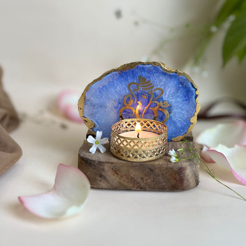 Ganesha Handcrafted Agate Religious Accent With Tealight Candle Holder - Blue