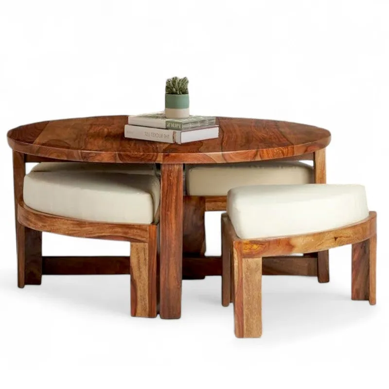 Gravex Sheesham Wooden Center Table with Stools and Cushions (Brown) - Nine Piece Set media 5