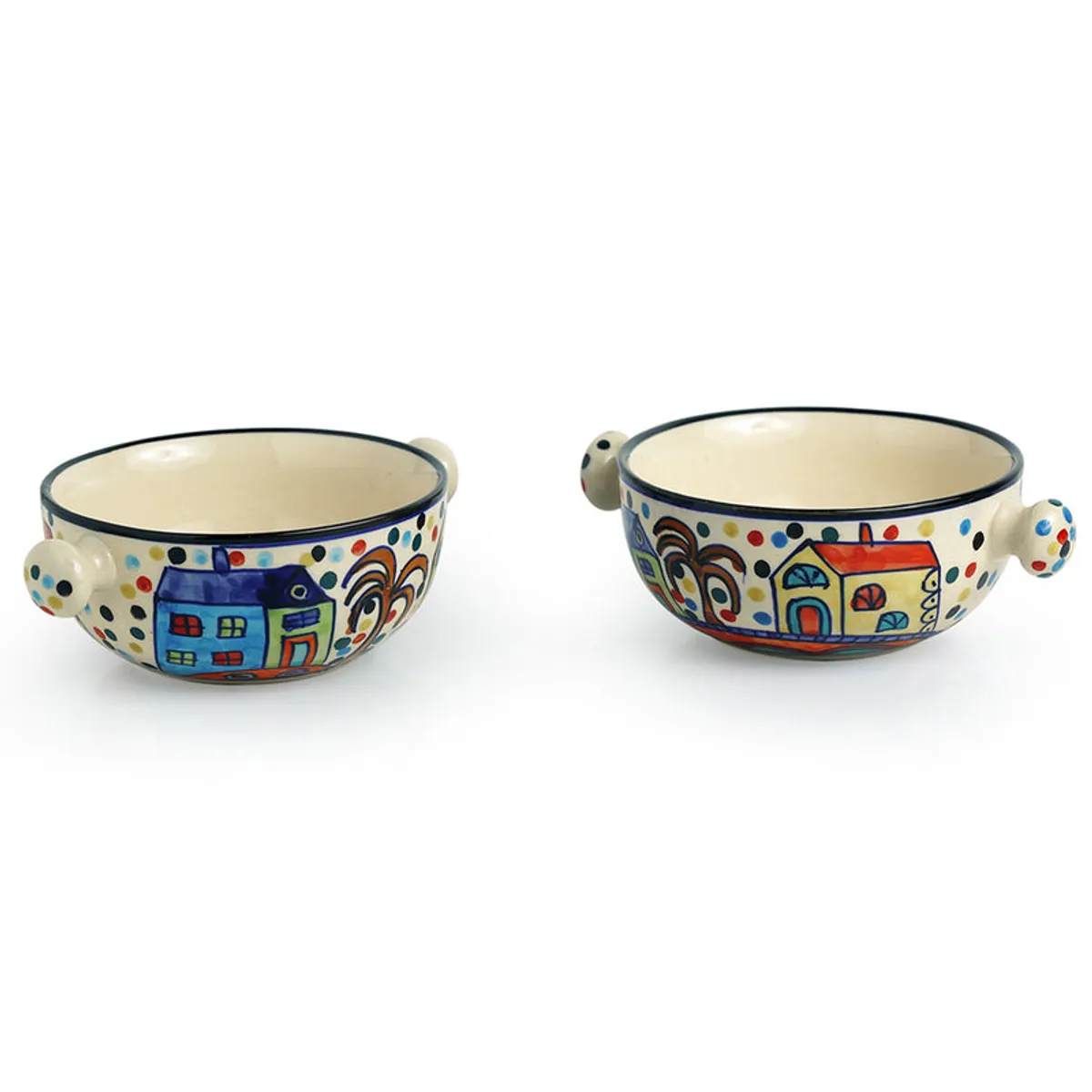 Two ceramic serving bowls showing blue and red house illustrations on their sides.