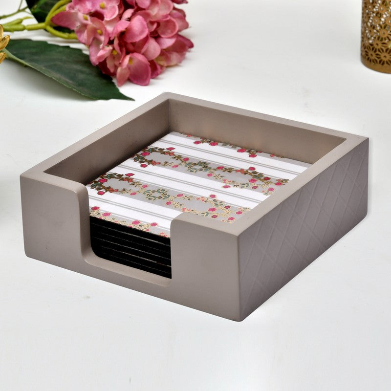 Vintage Floral Print Wooden Coasters with Holder - Seven Piece Set