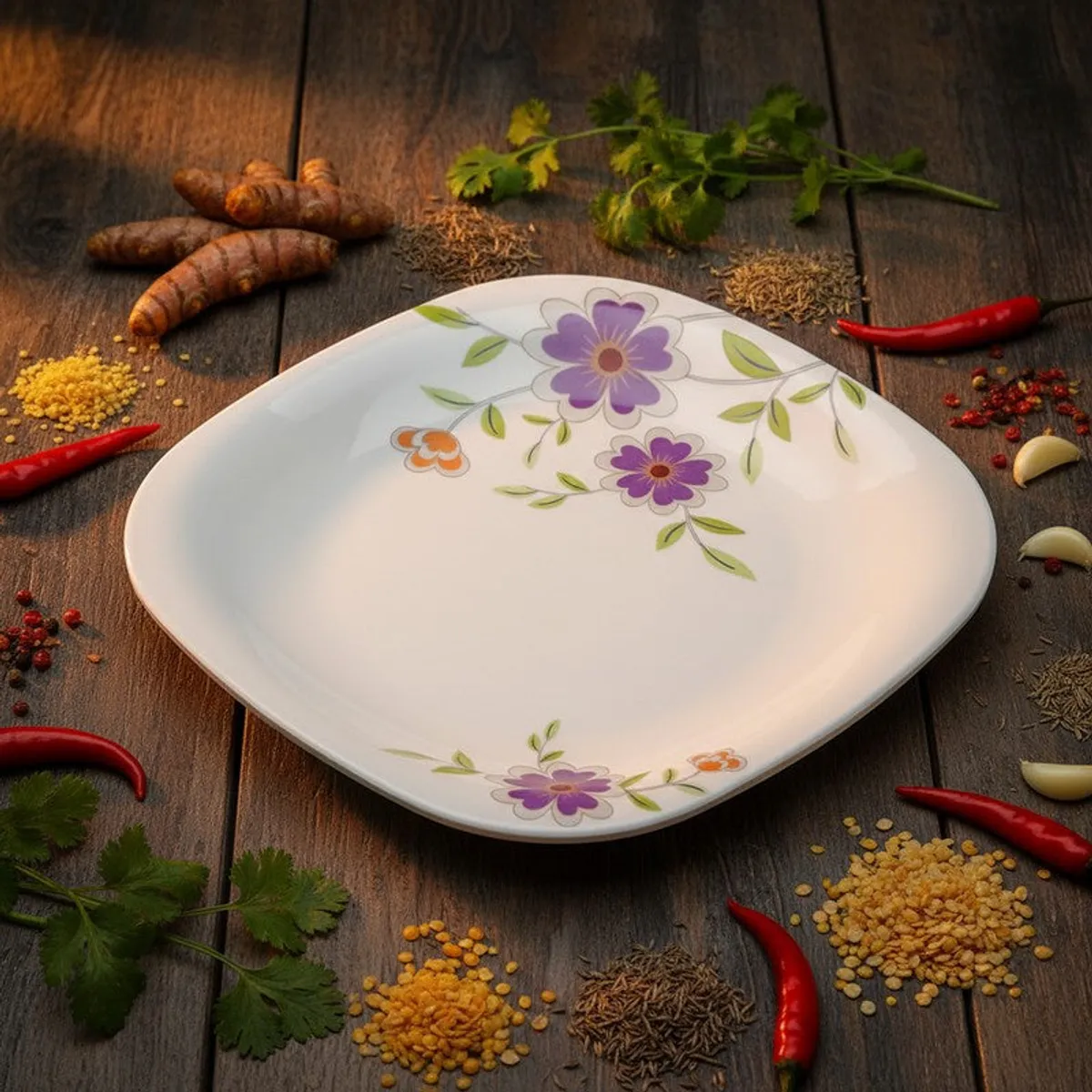 Square white floral dinner plate styled with spices and red chillies